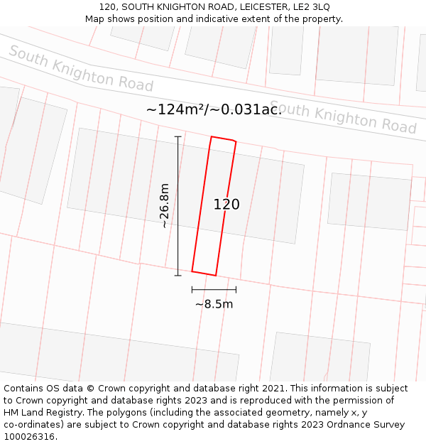 120, SOUTH KNIGHTON ROAD, LEICESTER, LE2 3LQ: Plot and title map