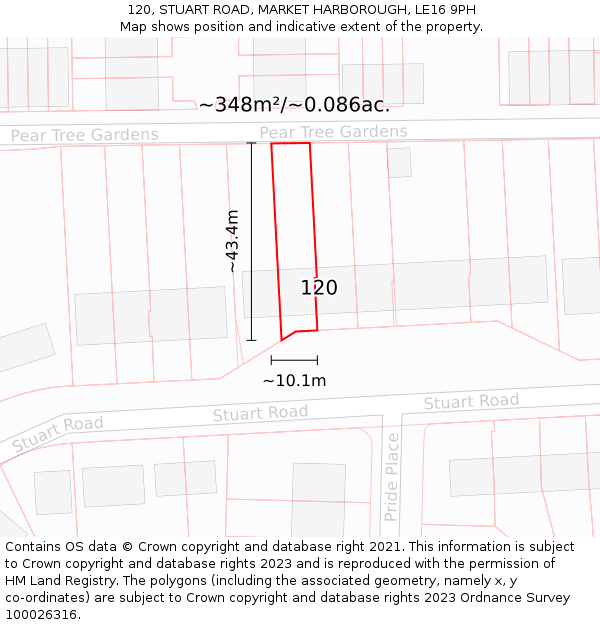 120, STUART ROAD, MARKET HARBOROUGH, LE16 9PH: Plot and title map