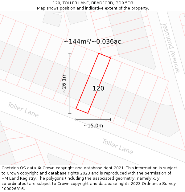 120, TOLLER LANE, BRADFORD, BD9 5DR: Plot and title map