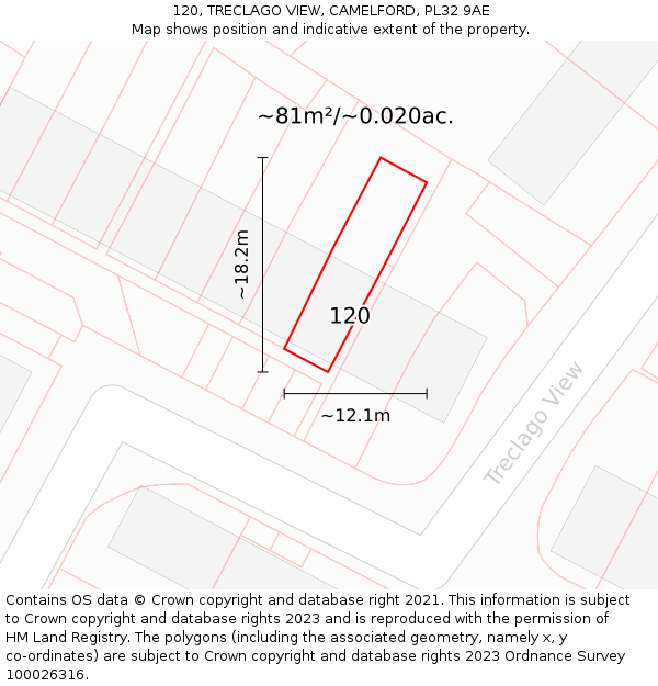120, TRECLAGO VIEW, CAMELFORD, PL32 9AE: Plot and title map