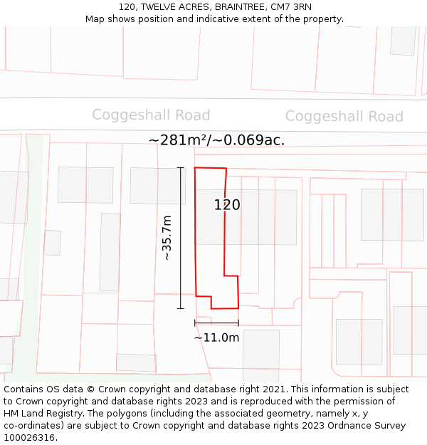 120, TWELVE ACRES, BRAINTREE, CM7 3RN: Plot and title map