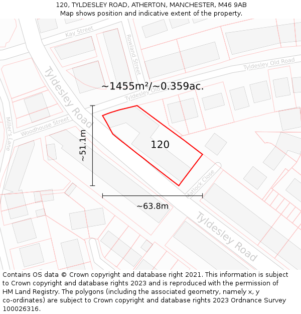 120, TYLDESLEY ROAD, ATHERTON, MANCHESTER, M46 9AB: Plot and title map