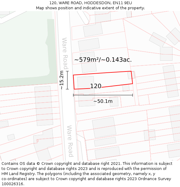 120, WARE ROAD, HODDESDON, EN11 9EU: Plot and title map