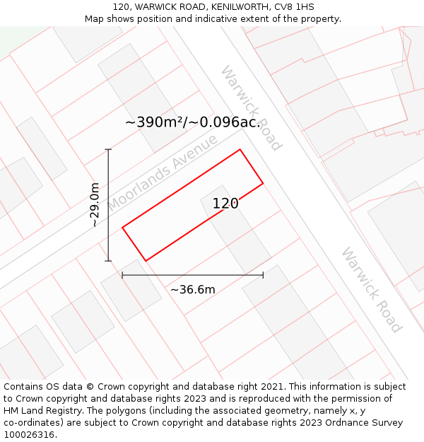 120, WARWICK ROAD, KENILWORTH, CV8 1HS: Plot and title map