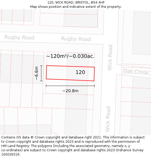 120, WICK ROAD, BRISTOL, BS4 4HF: Plot and title map