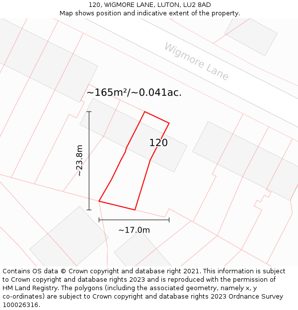 120, WIGMORE LANE, LUTON, LU2 8AD: Plot and title map