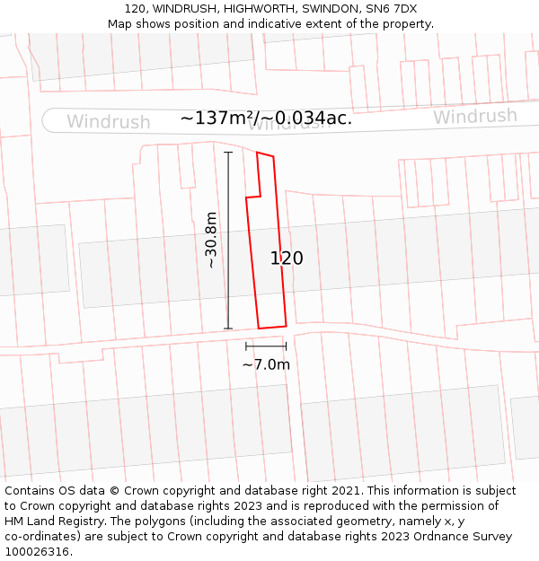 120, WINDRUSH, HIGHWORTH, SWINDON, SN6 7DX: Plot and title map