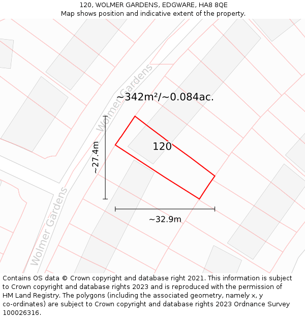 120, WOLMER GARDENS, EDGWARE, HA8 8QE: Plot and title map