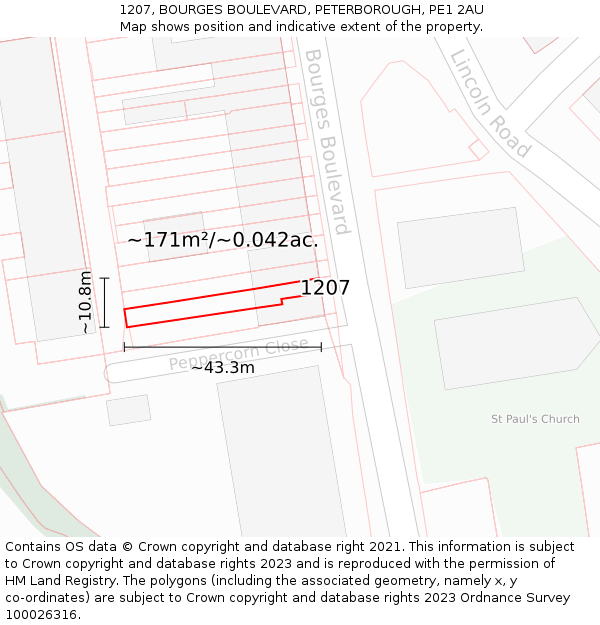 1207, BOURGES BOULEVARD, PETERBOROUGH, PE1 2AU: Plot and title map