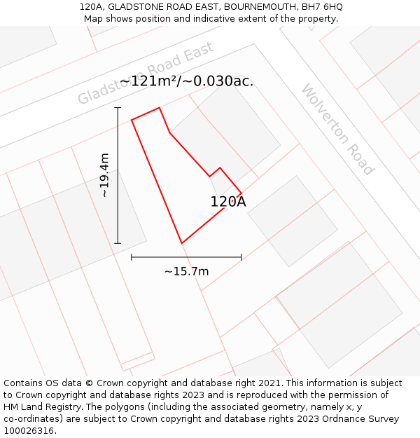 120A, GLADSTONE ROAD EAST, BOURNEMOUTH, BH7 6HQ: Plot and title map