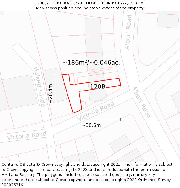 120B, ALBERT ROAD, STECHFORD, BIRMINGHAM, B33 8AG: Plot and title map