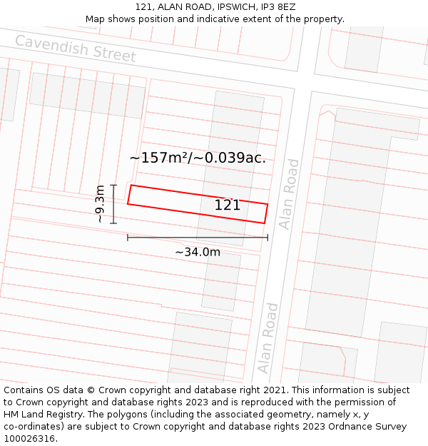 121, ALAN ROAD, IPSWICH, IP3 8EZ: Plot and title map