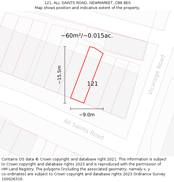121, ALL SAINTS ROAD, NEWMARKET, CB8 8ES: Plot and title map