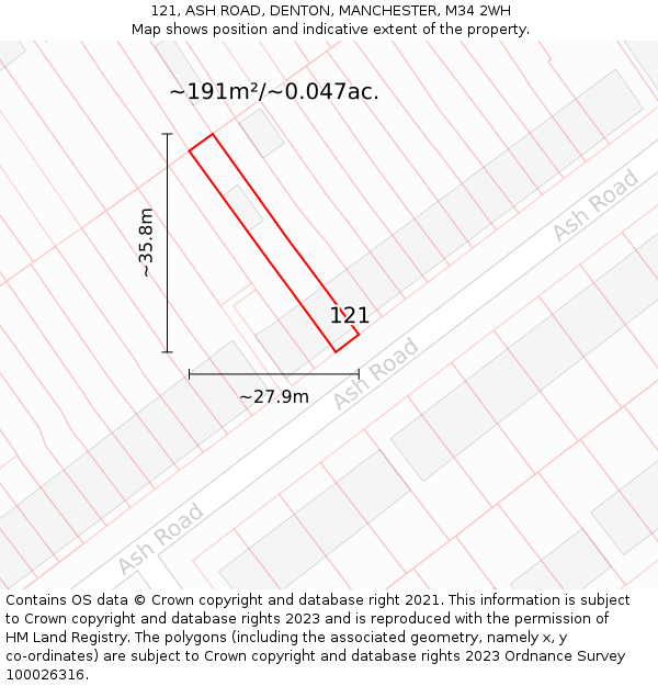 121, ASH ROAD, DENTON, MANCHESTER, M34 2WH: Plot and title map