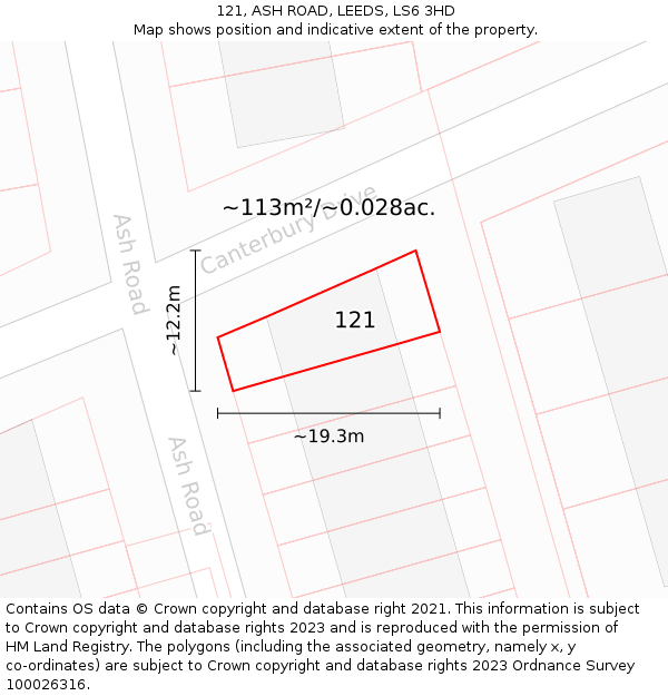 121, ASH ROAD, LEEDS, LS6 3HD: Plot and title map