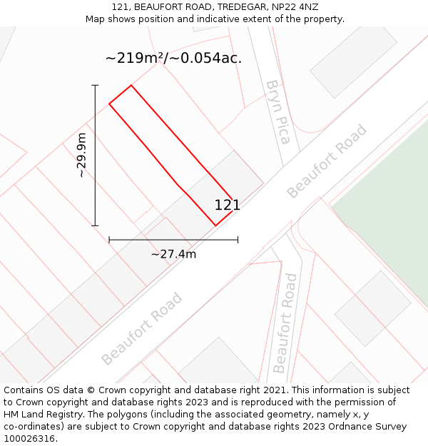 121, BEAUFORT ROAD, TREDEGAR, NP22 4NZ: Plot and title map