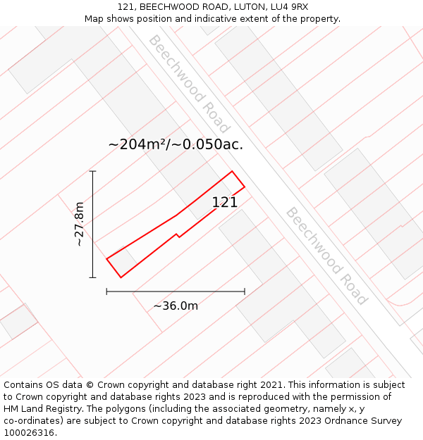 121, BEECHWOOD ROAD, LUTON, LU4 9RX: Plot and title map