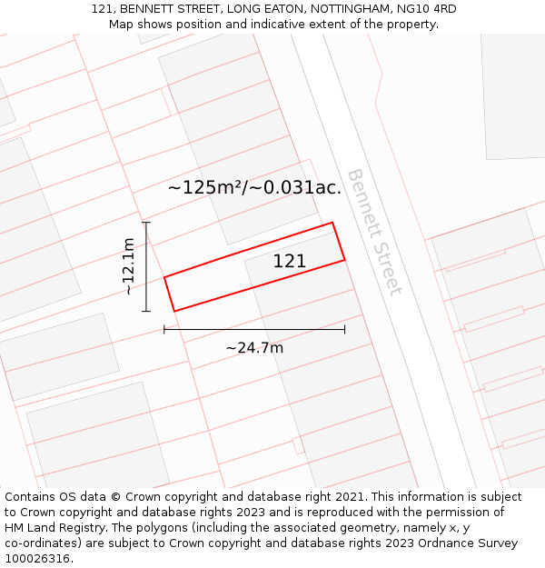 121, BENNETT STREET, LONG EATON, NOTTINGHAM, NG10 4RD: Plot and title map