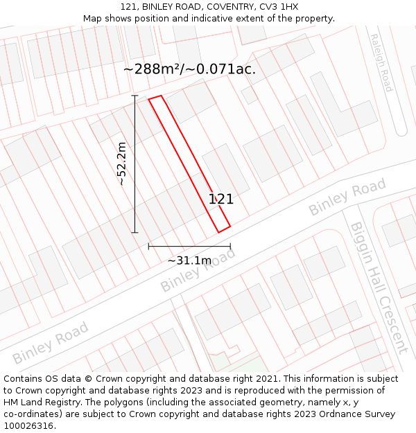 121, BINLEY ROAD, COVENTRY, CV3 1HX: Plot and title map