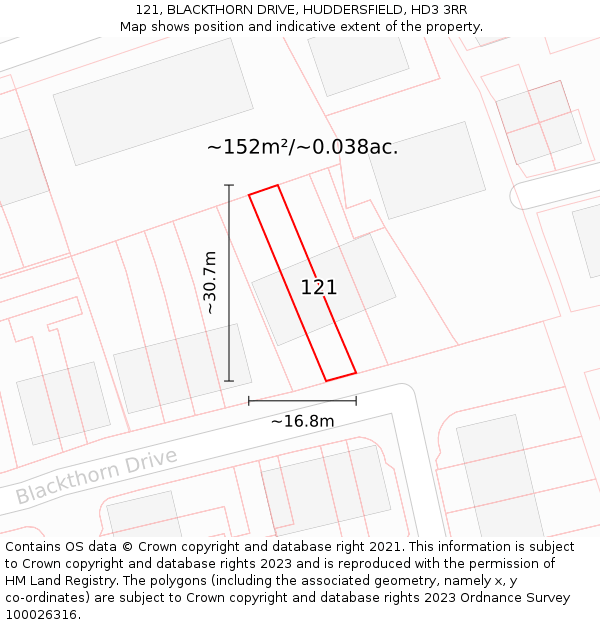 121, BLACKTHORN DRIVE, HUDDERSFIELD, HD3 3RR: Plot and title map