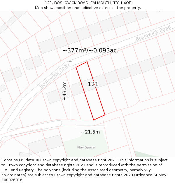 121, BOSLOWICK ROAD, FALMOUTH, TR11 4QE: Plot and title map