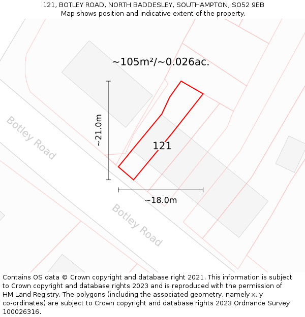 121, BOTLEY ROAD, NORTH BADDESLEY, SOUTHAMPTON, SO52 9EB: Plot and title map