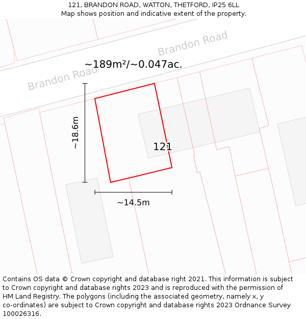 121, BRANDON ROAD, WATTON, THETFORD, IP25 6LL: Plot and title map