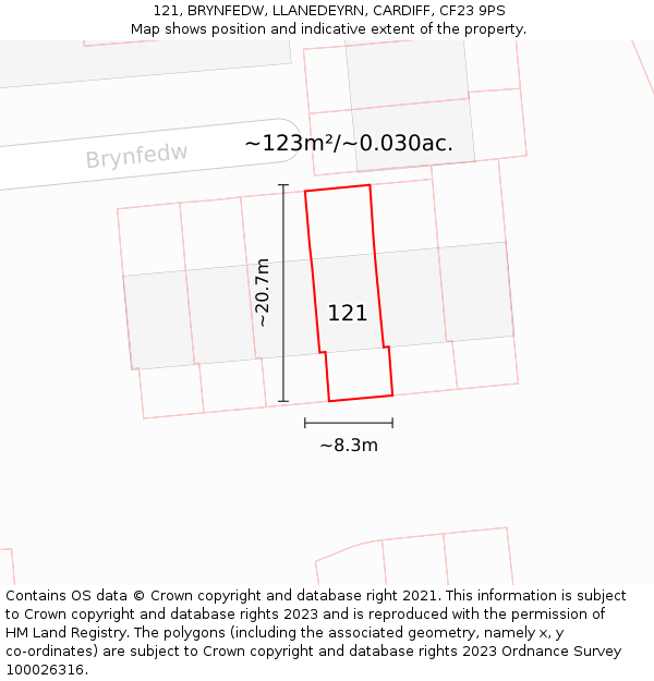 121, BRYNFEDW, LLANEDEYRN, CARDIFF, CF23 9PS: Plot and title map
