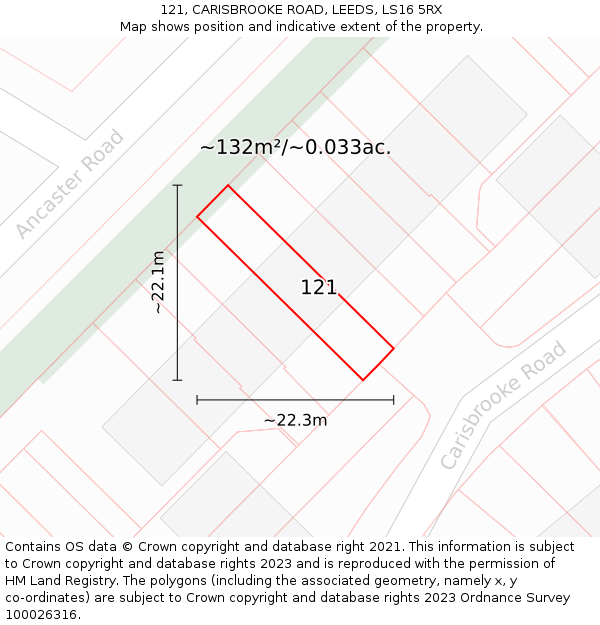 121, CARISBROOKE ROAD, LEEDS, LS16 5RX: Plot and title map