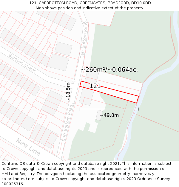 121, CARRBOTTOM ROAD, GREENGATES, BRADFORD, BD10 0BD: Plot and title map