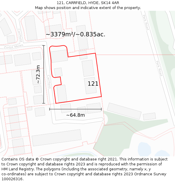 121, CARRFIELD, HYDE, SK14 4AR: Plot and title map