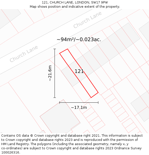 121, CHURCH LANE, LONDON, SW17 9PW: Plot and title map