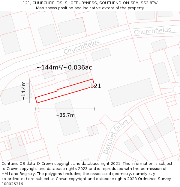 121, CHURCHFIELDS, SHOEBURYNESS, SOUTHEND-ON-SEA, SS3 8TW: Plot and title map