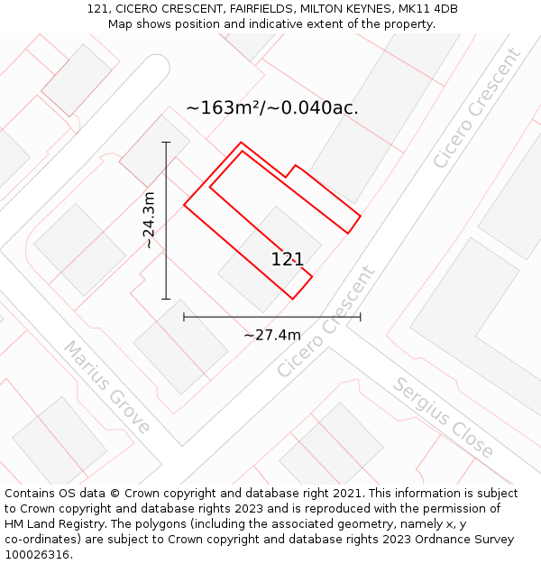 121, CICERO CRESCENT, FAIRFIELDS, MILTON KEYNES, MK11 4DB: Plot and title map