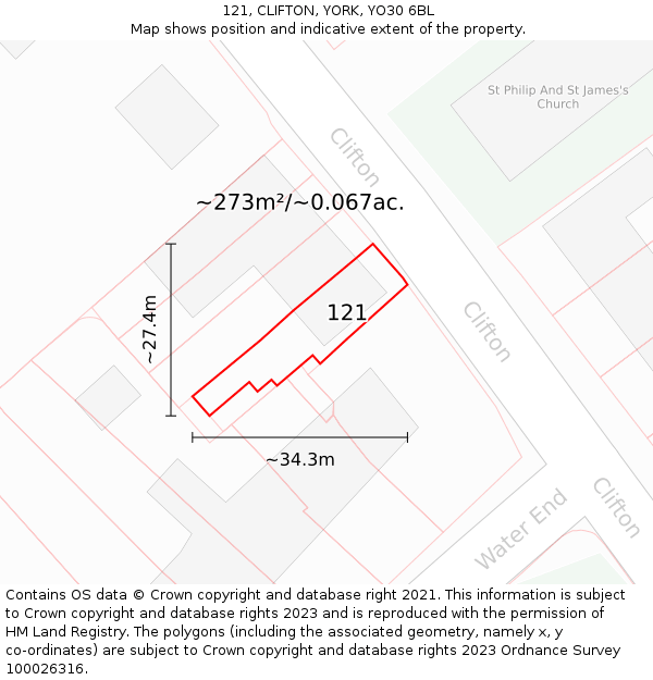 121, CLIFTON, YORK, YO30 6BL: Plot and title map