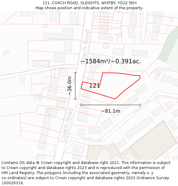 121, COACH ROAD, SLEIGHTS, WHITBY, YO22 5EH: Plot and title map