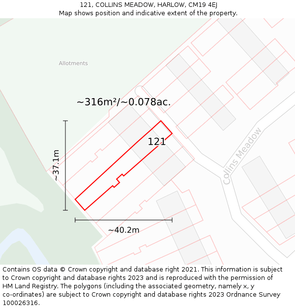 121, COLLINS MEADOW, HARLOW, CM19 4EJ: Plot and title map