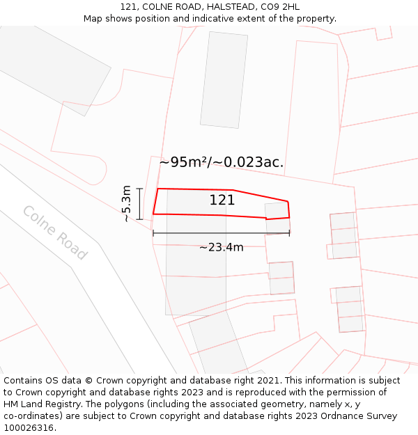 121, COLNE ROAD, HALSTEAD, CO9 2HL: Plot and title map