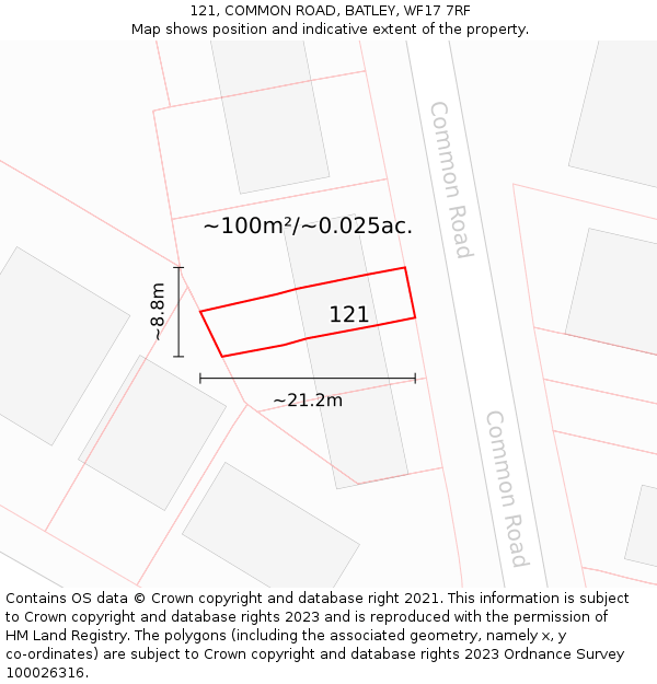 121, COMMON ROAD, BATLEY, WF17 7RF: Plot and title map