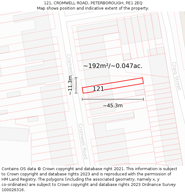 121, CROMWELL ROAD, PETERBOROUGH, PE1 2EQ: Plot and title map