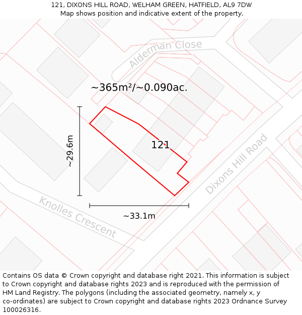 121, DIXONS HILL ROAD, WELHAM GREEN, HATFIELD, AL9 7DW: Plot and title map