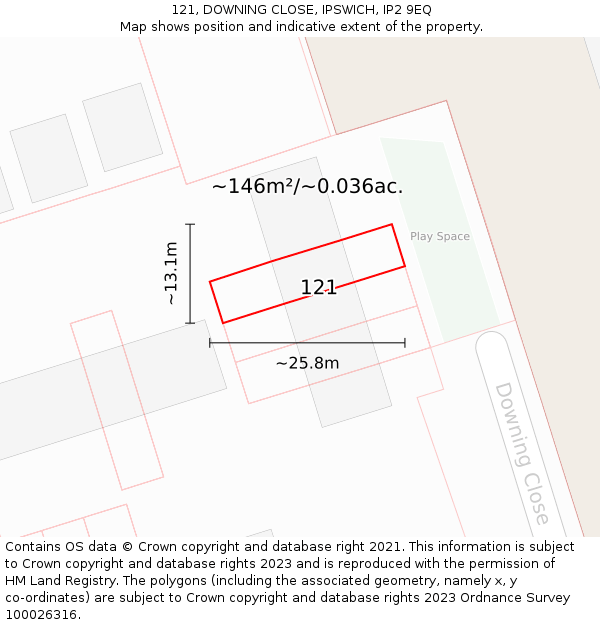 121, DOWNING CLOSE, IPSWICH, IP2 9EQ: Plot and title map