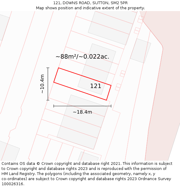 121, DOWNS ROAD, SUTTON, SM2 5PR: Plot and title map