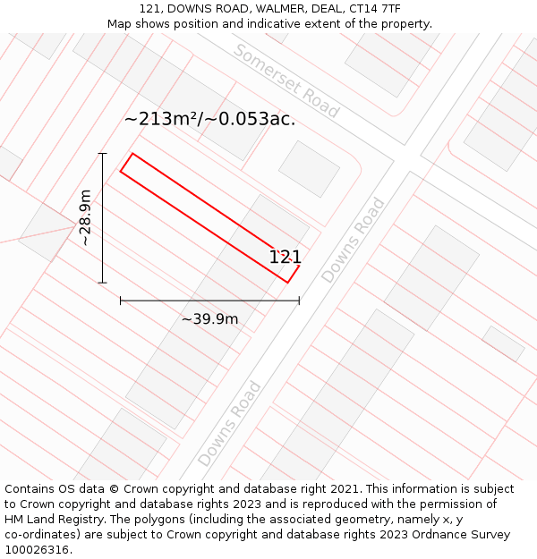 121, DOWNS ROAD, WALMER, DEAL, CT14 7TF: Plot and title map