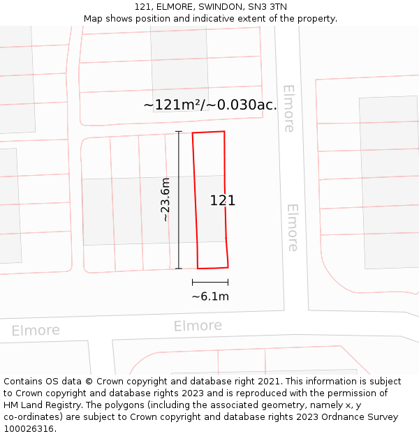 121, ELMORE, SWINDON, SN3 3TN: Plot and title map