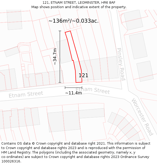 121, ETNAM STREET, LEOMINSTER, HR6 8AF: Plot and title map