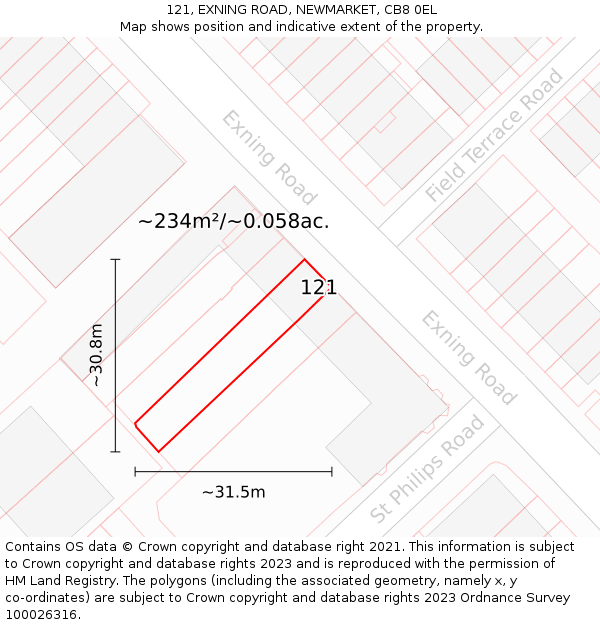 121, EXNING ROAD, NEWMARKET, CB8 0EL: Plot and title map
