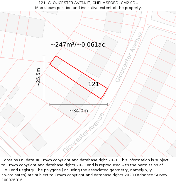 121, GLOUCESTER AVENUE, CHELMSFORD, CM2 9DU: Plot and title map
