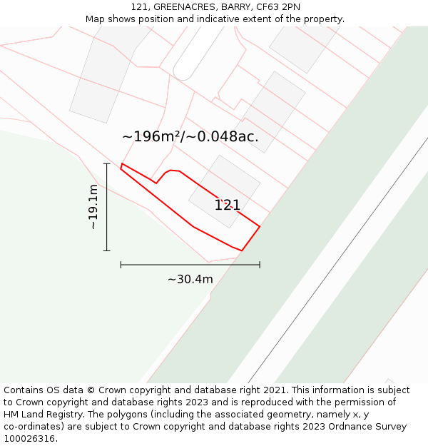 121, GREENACRES, BARRY, CF63 2PN: Plot and title map