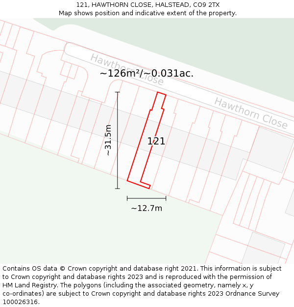 121, HAWTHORN CLOSE, HALSTEAD, CO9 2TX: Plot and title map